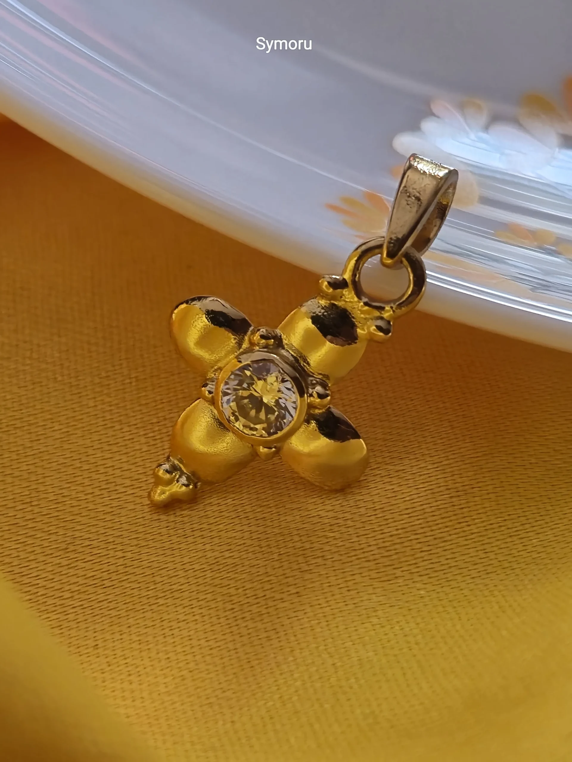 Gold Tone Brass Floral Cross CZ Pendant