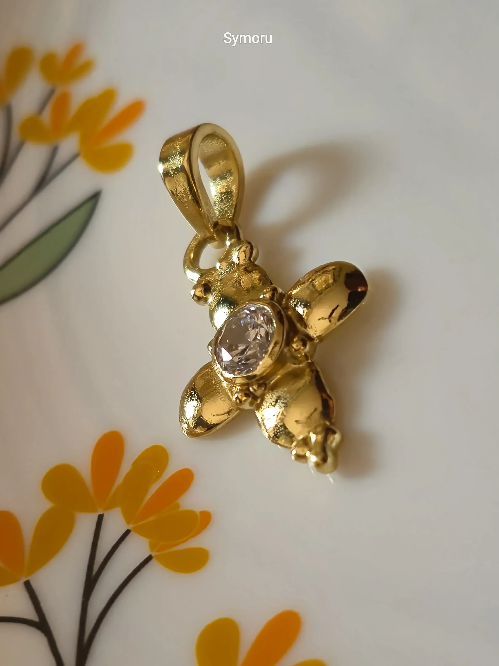 Gold Tone Brass Floral Cross CZ Pendant