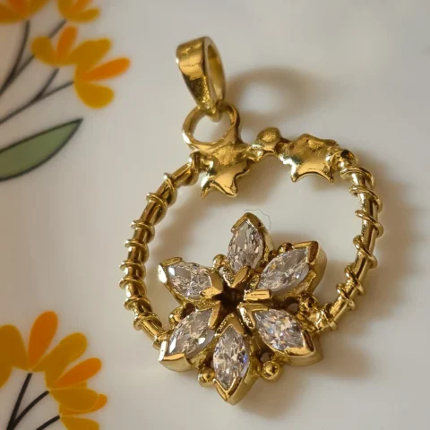 Gold Tone Brass Floral Circle CZ Pendant