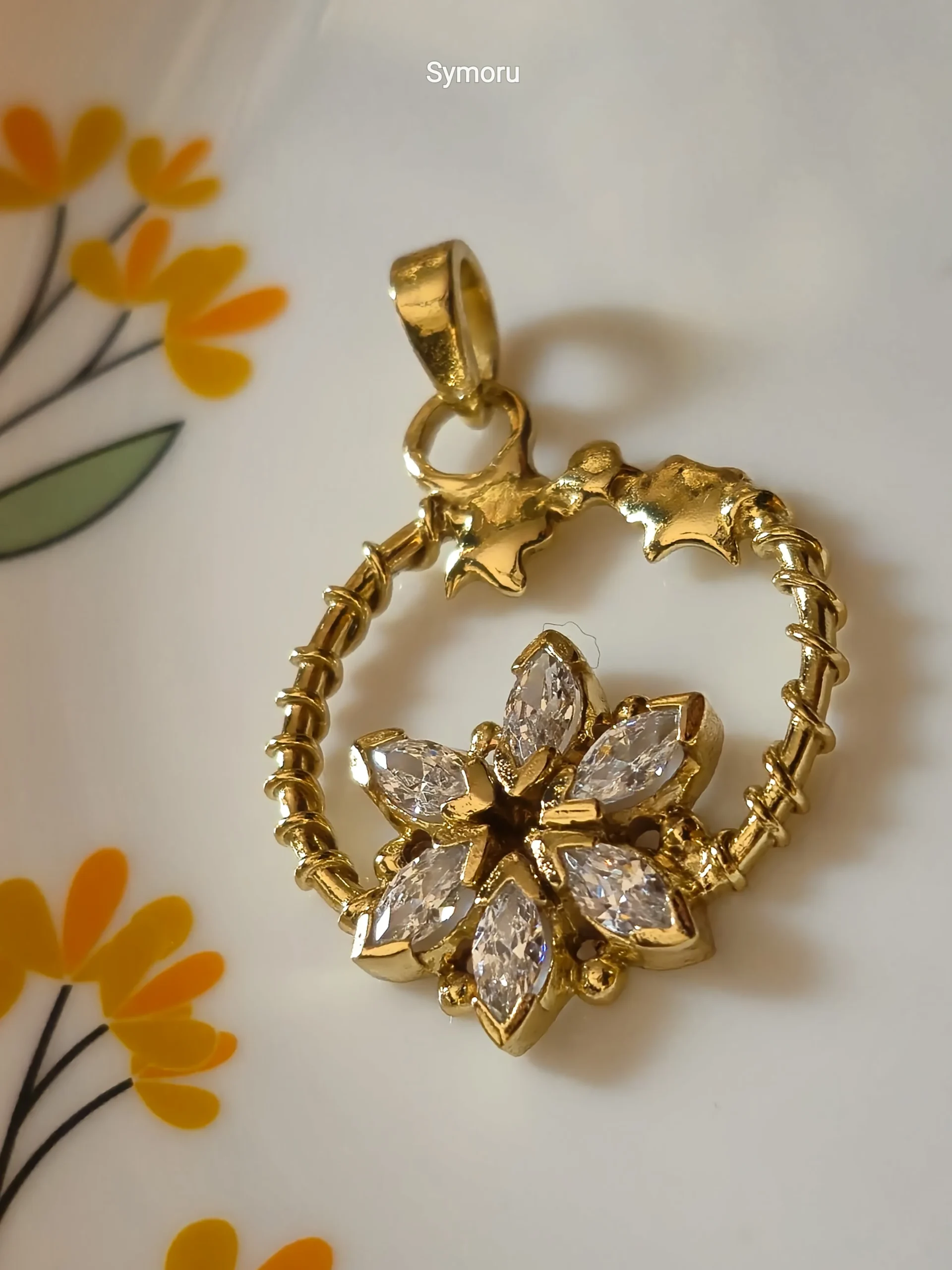 Gold Tone Brass Floral Circle CZ Pendant