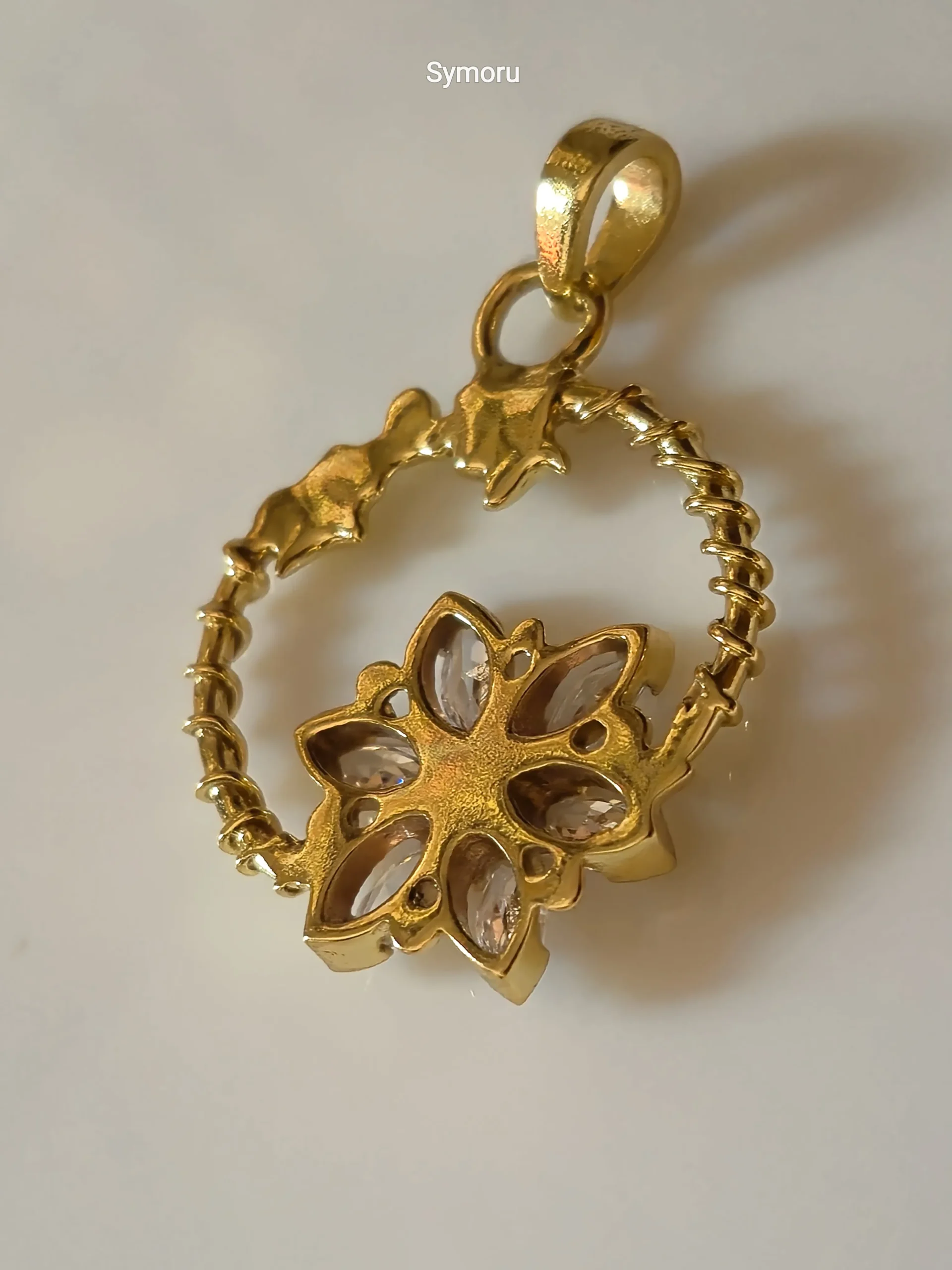 Gold Tone Brass Floral Circle CZ Pendant | Sparkling Diamond Look Flower Charm Necklace Pendant for Women | Elegant Daily & Party Wear by Symoru - Image 4