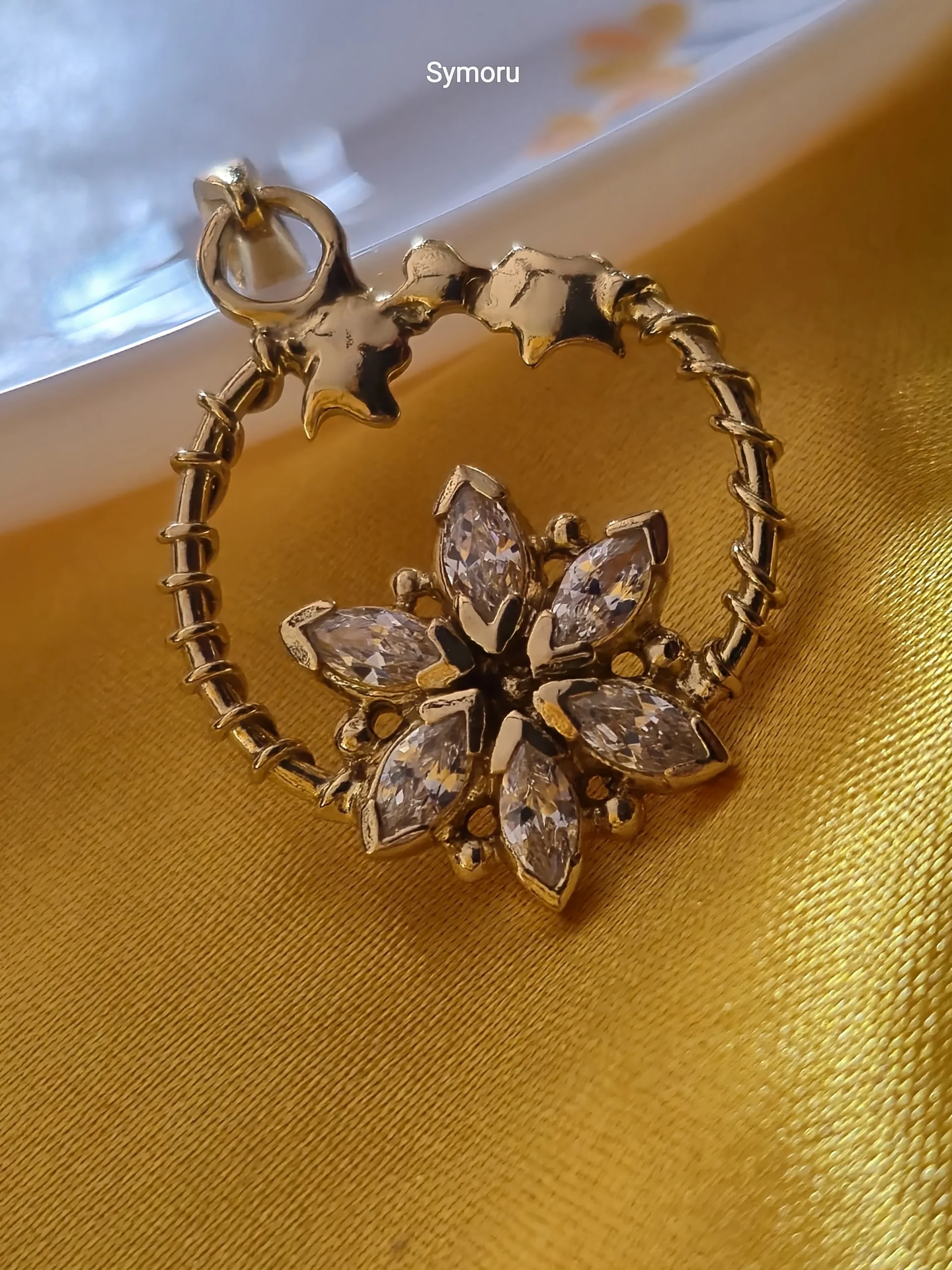 Gold Tone Brass Floral Circle CZ Pendant