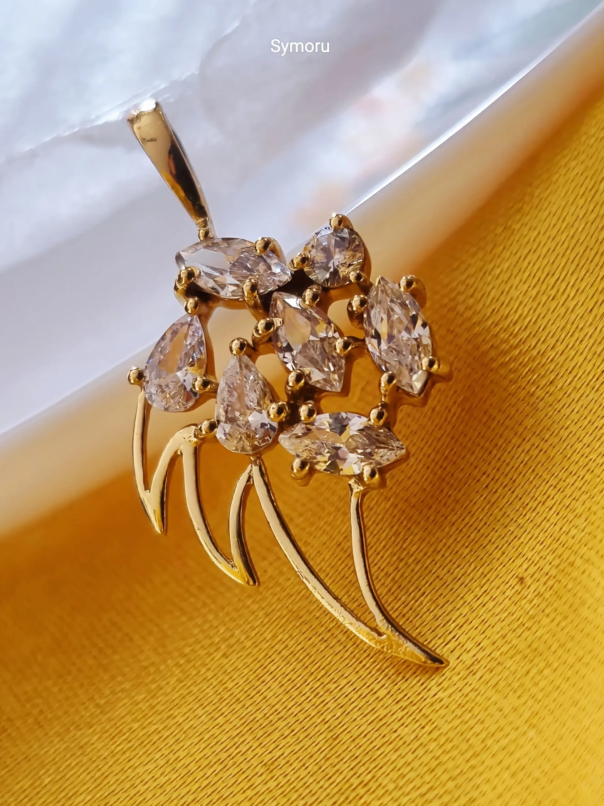 Gold Tone Brass Floral Leaf CZ Pendant