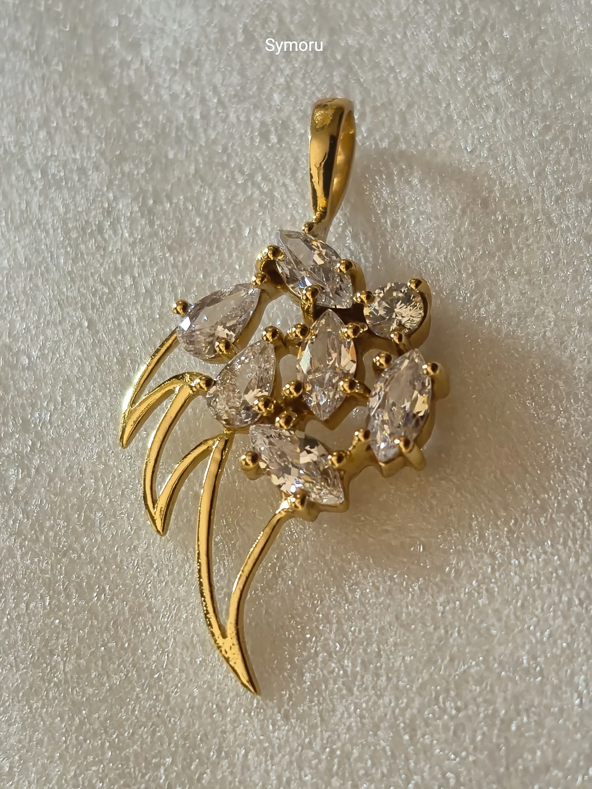 Gold Tone Brass Floral Leaf CZ Pendant