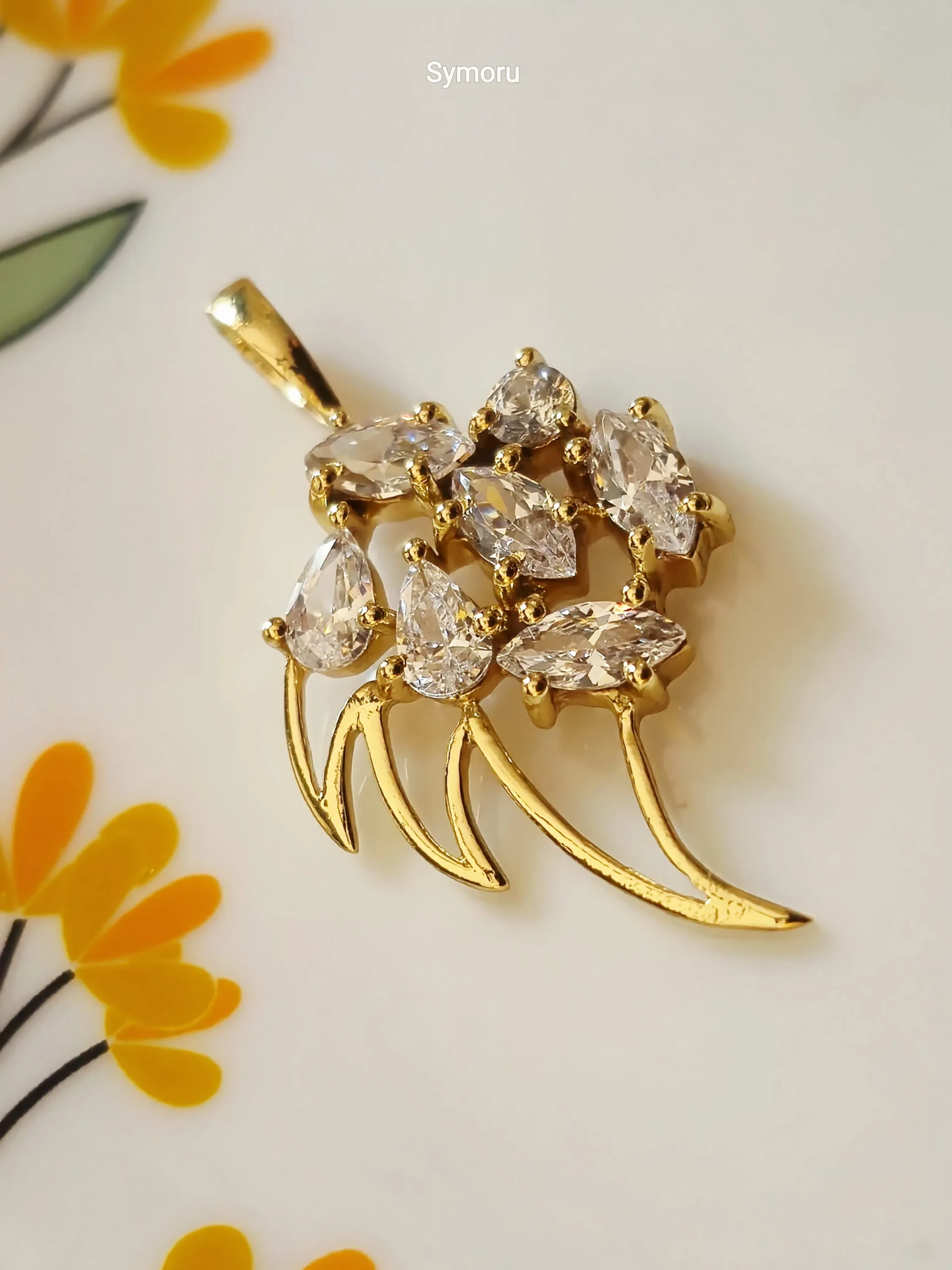 Gold Tone Brass Floral Leaf CZ Pendant | Marquise Cut Diamond Look Flower Charm Necklace Pendant for Women | Elegant Party & Bridal Jewelry by Symoru - Image 4