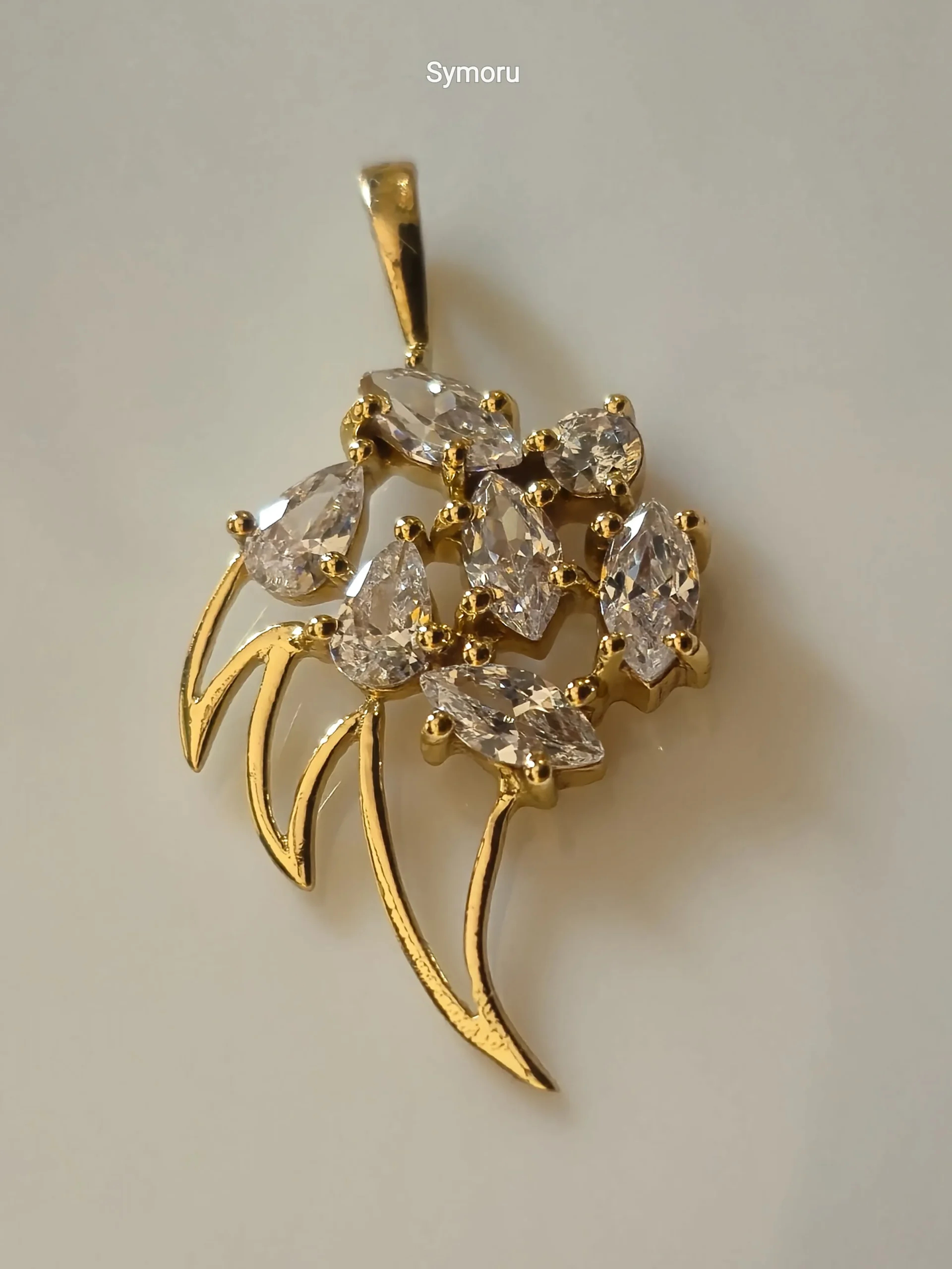 Gold Tone Brass Floral Leaf CZ Pendant | Marquise Cut Diamond Look Flower Charm Necklace Pendant for Women | Elegant Party & Bridal Jewelry by Symoru - Image 3