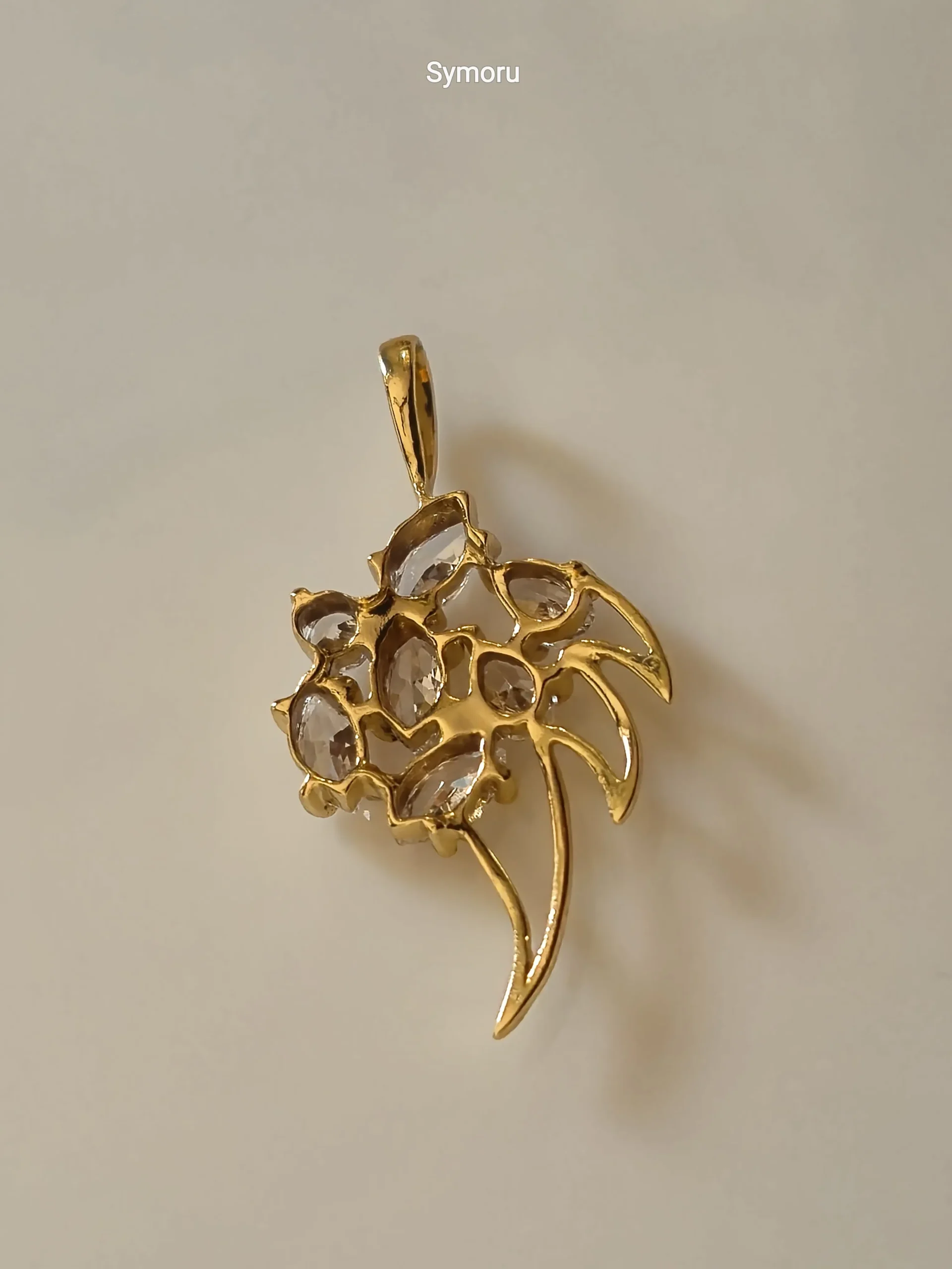 Gold Tone Brass Floral Leaf CZ Pendant | Marquise Cut Diamond Look Flower Charm Necklace Pendant for Women | Elegant Party & Bridal Jewelry by Symoru - Image 2