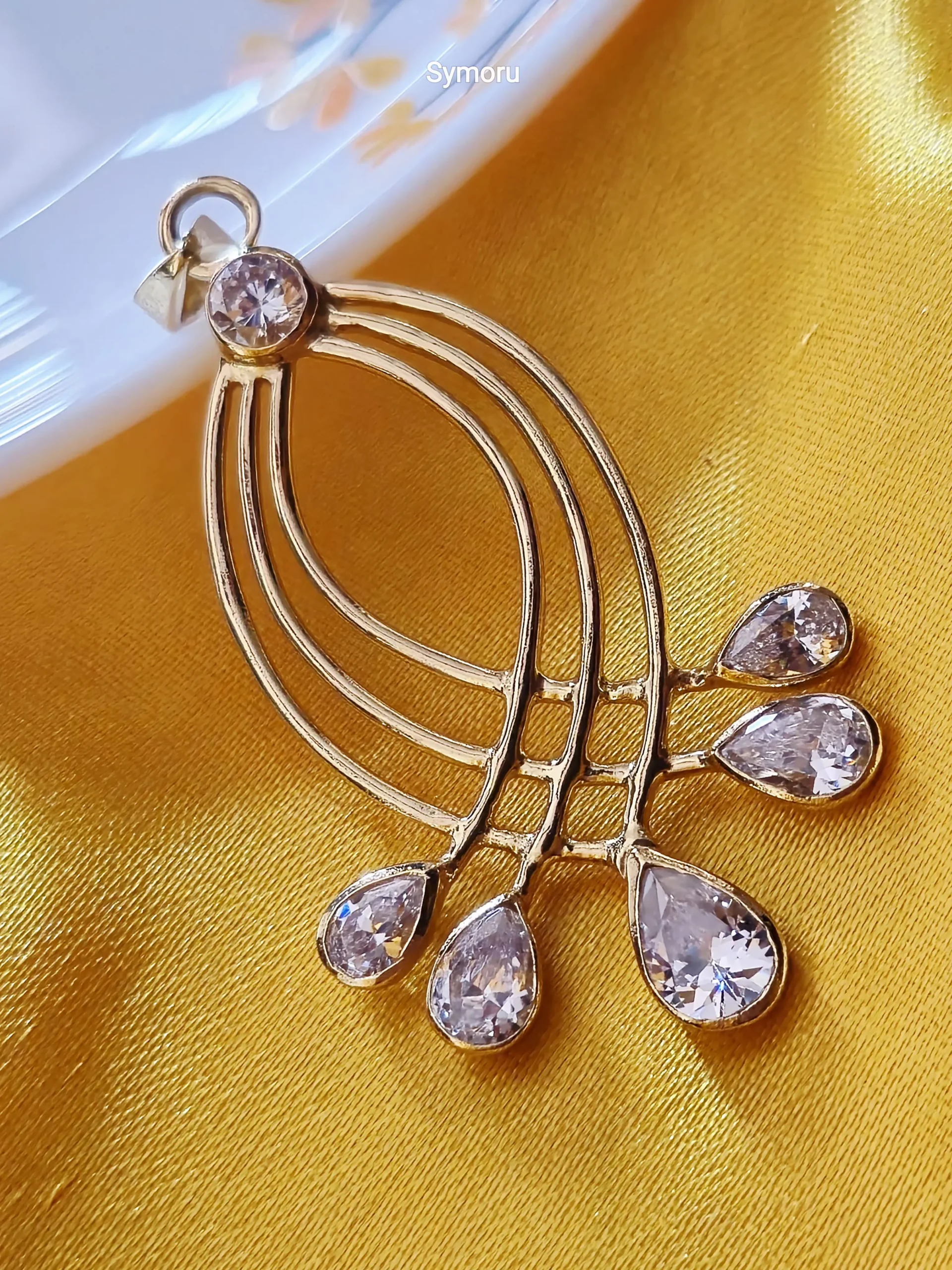 Gold Tone Brass Curved Arc CZ Drop Pendant