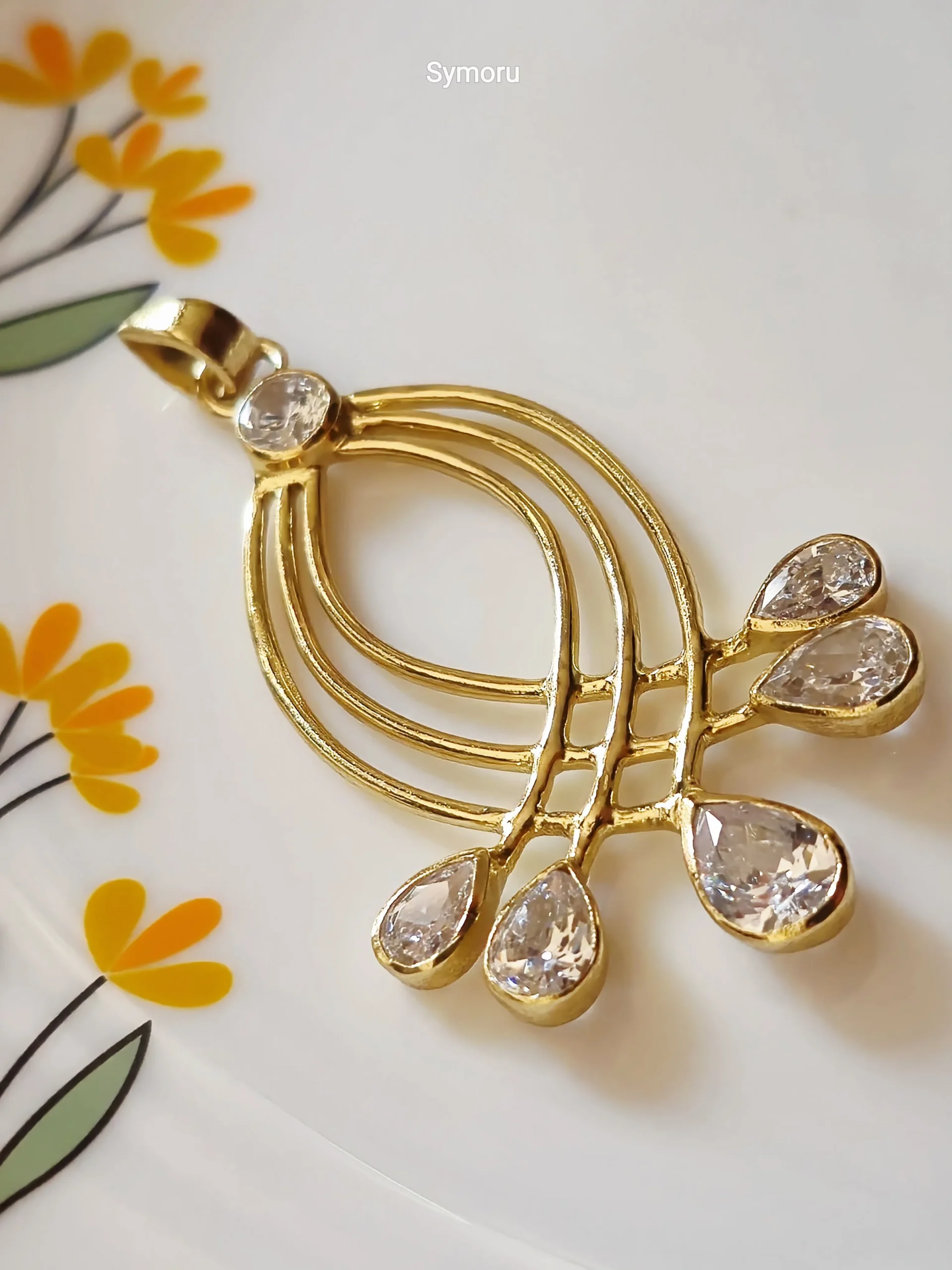 Gold Tone Brass Curved Arc CZ Drop Pendant