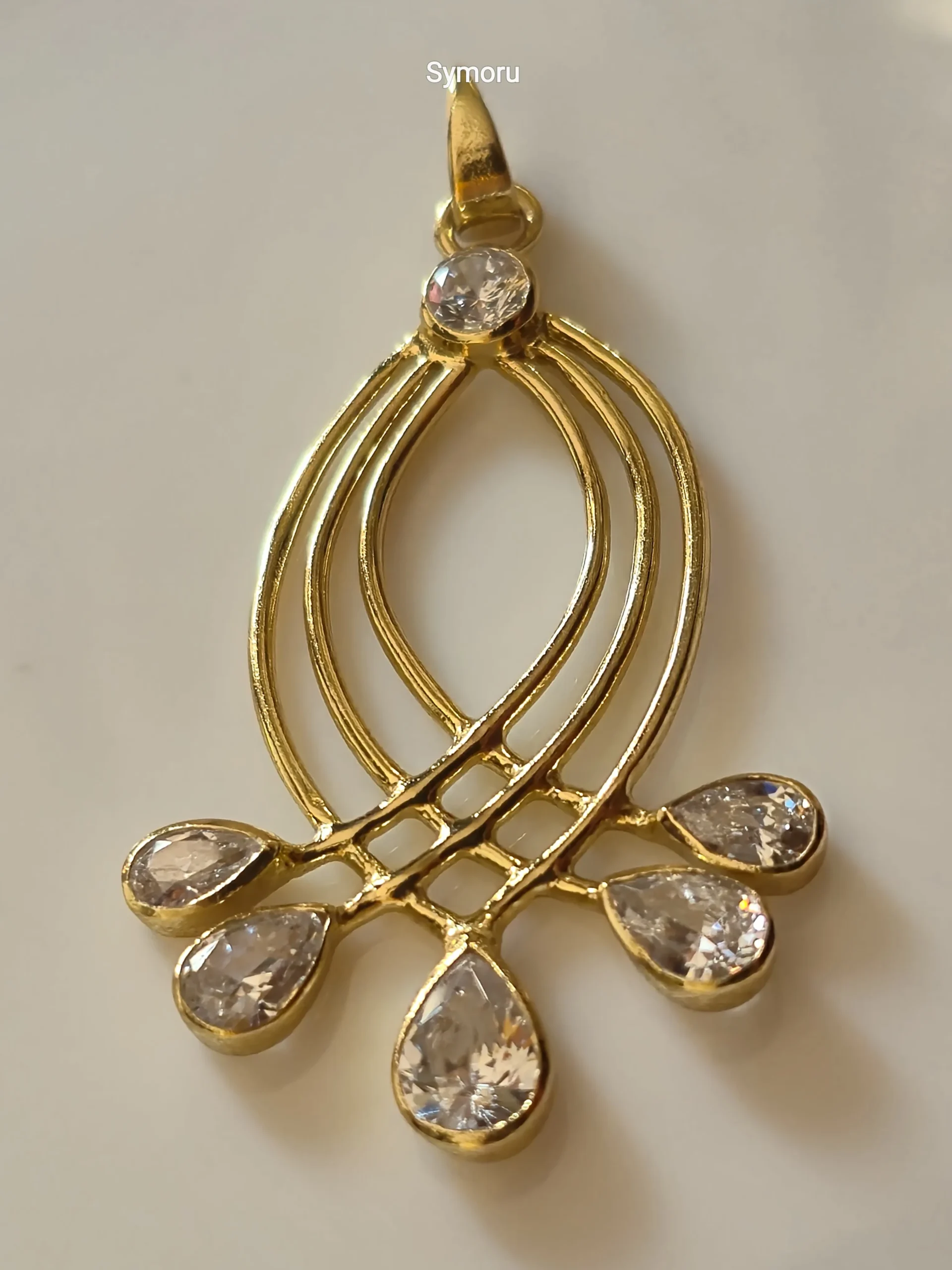 Gold Tone Brass Curved Arc CZ Drop Pendant | Modern Leaf Flow Diamond Look Necklace Charm for Women | Designer Statement Jewelry by Symoru - Image 4