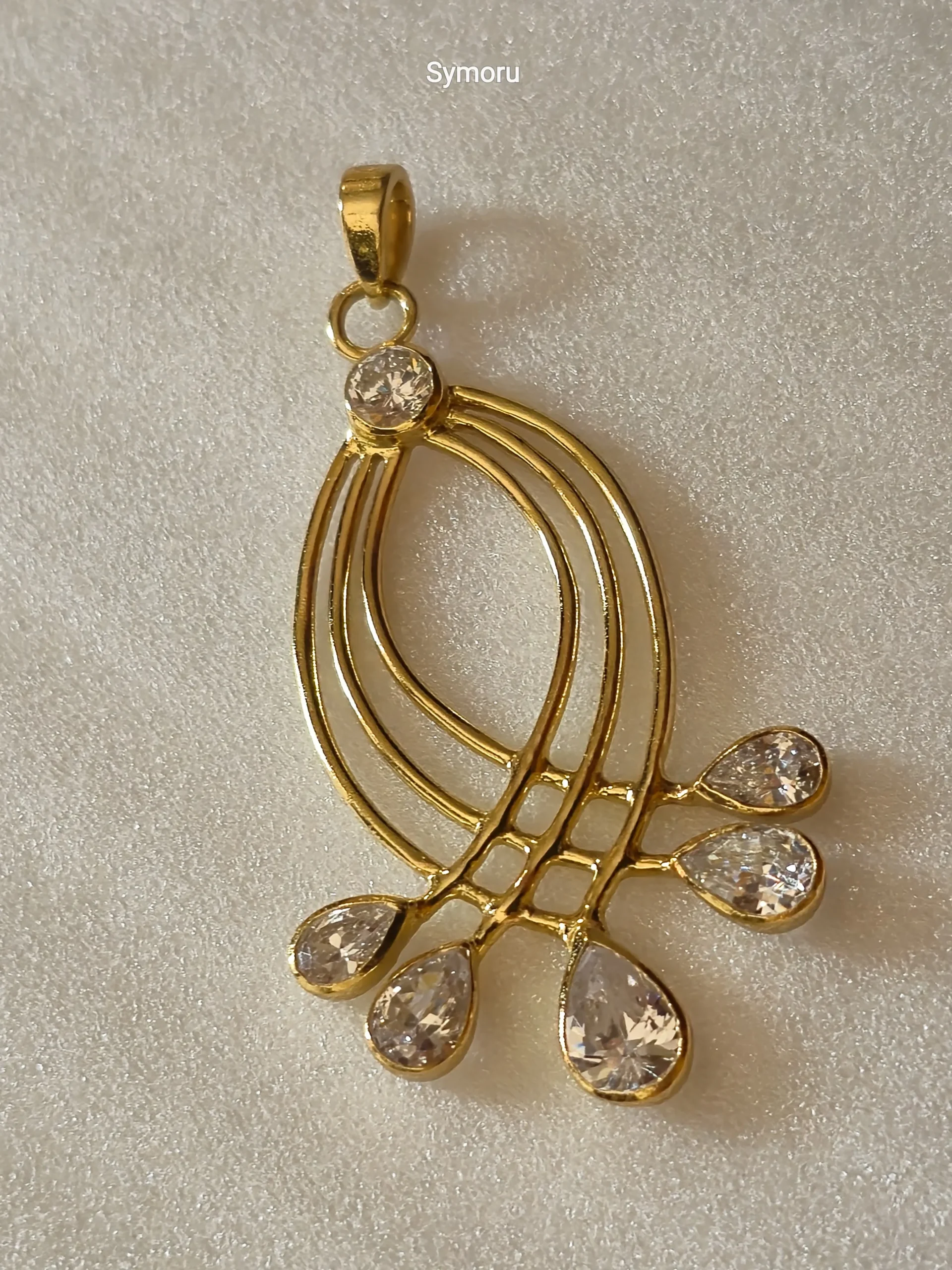 Gold Tone Brass Curved Arc CZ Drop Pendant | Modern Leaf Flow Diamond Look Necklace Charm for Women | Designer Statement Jewelry by Symoru - Image 3