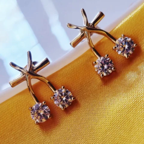 Gold Tone Brass Cross Arc Dual CZ Stud Earrings
