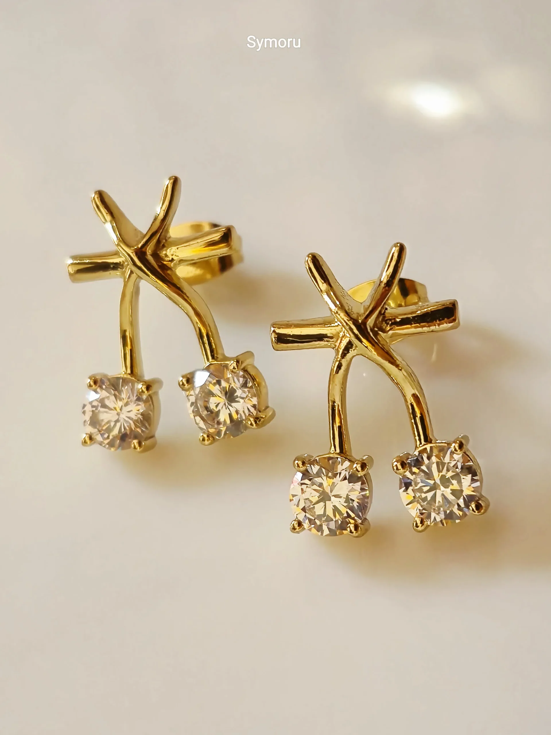 Gold Tone Brass Cross Arc Dual CZ Stud Earrings | Minimalist Diamond Look Curve Earrings for Women | Elegant Daily & Party Wear by Symoru - Image 4