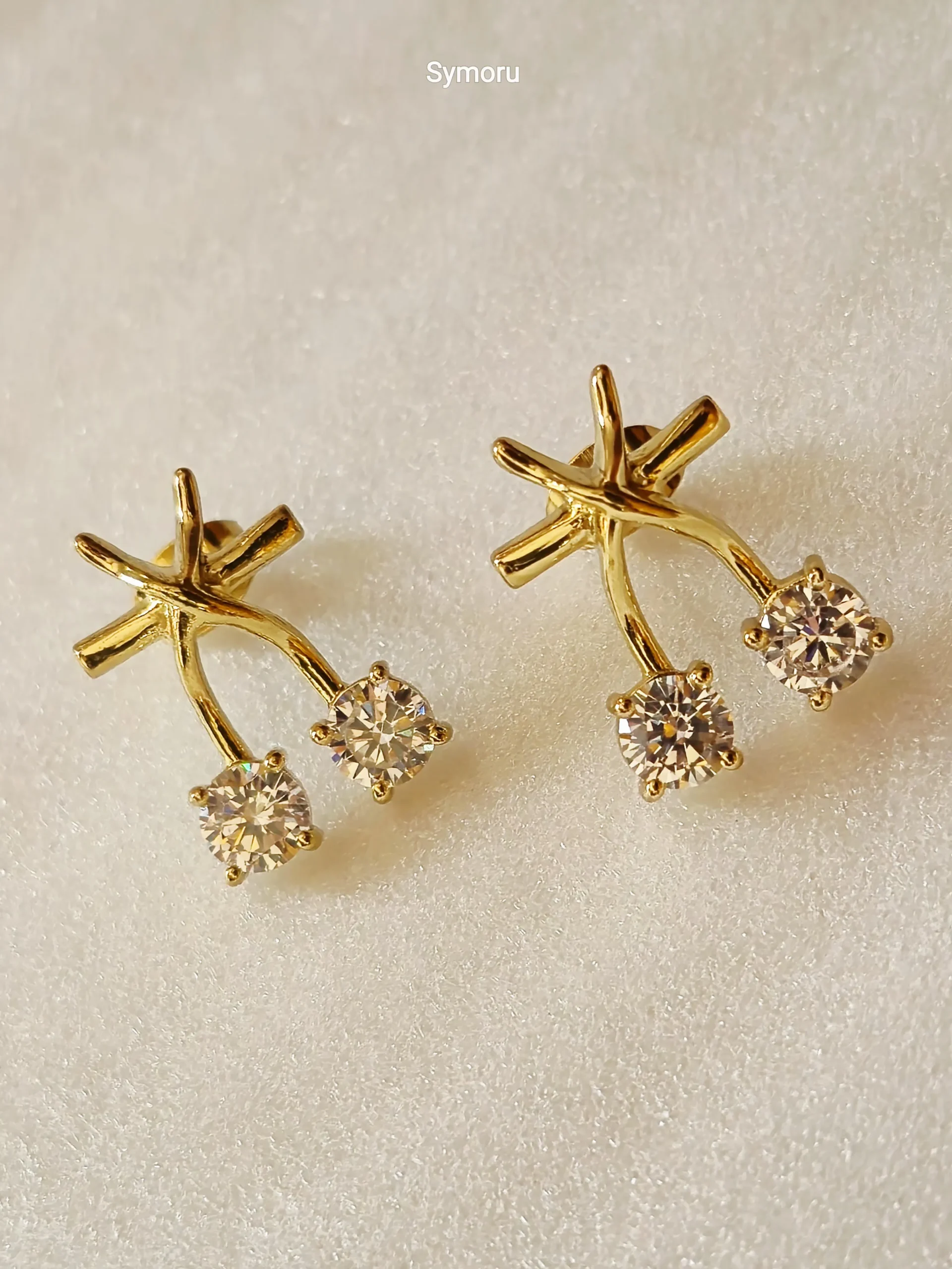 Gold Tone Brass Cross Arc Dual CZ Stud Earrings | Minimalist Diamond Look Curve Earrings for Women | Elegant Daily & Party Wear by Symoru - Image 6