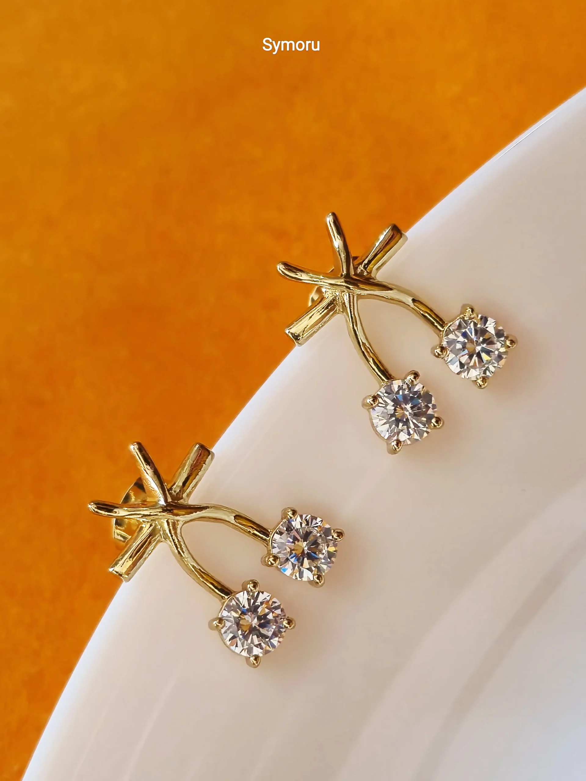 Gold Tone Brass Cross Arc Dual CZ Stud Earrings