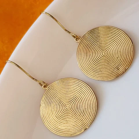 Gold Tone Brass Spiral Disc Drop Earrings