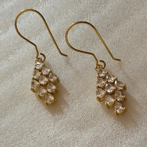 Gold Tone Brass CZ Cluster Drop Earrings