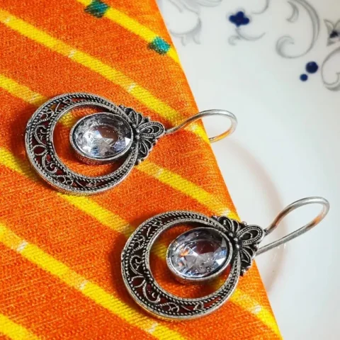 Vintage Silver Look Oval Crystal Brass Dangle Earrings
