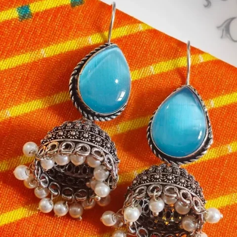 Oxidized Brass Turquoise Sky Blue Stone Jhumka Earrings with Pearl Drops