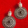 brass earrings, oxidized earrings, tribal earrings, disc earrings, pearl earrings, ethnic jewelry, boho earrings, black stone earrings, Indian jewelry, statement earrings, handmade jewelry, gift for her, silver look earrings
