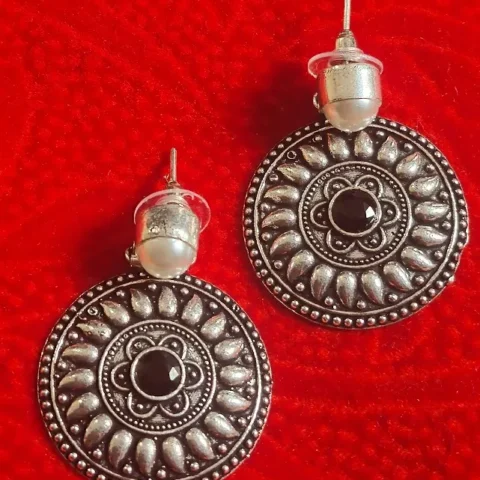 brass earrings, oxidized earrings, tribal earrings, disc earrings, pearl earrings, ethnic jewelry, boho earrings, black stone earrings, Indian jewelry, statement earrings, handmade jewelry, gift for her, silver look earrings