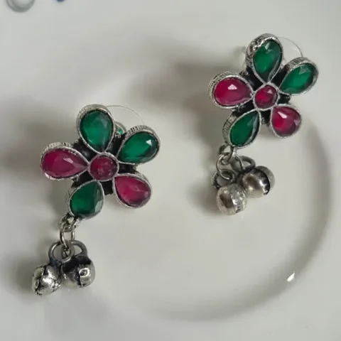 Oxidized Brass Multicolor Floral Earrings with Ghungroo Drops