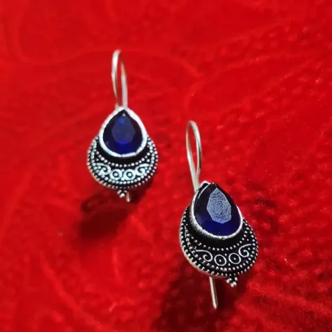 Oxidized Brass Teardrop Earrings with Blue Stone