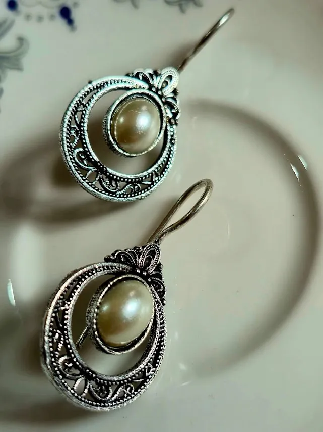 Vintage Pearl Look Brass Dangle Earrings | Oxidized Silver Finish Filigree Drop Earrings | Handmade Boho Ethnic Jewelry for Women - Image 3