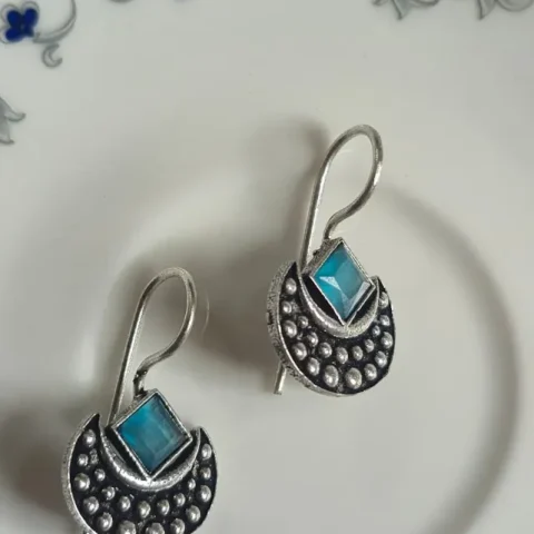 Oxidized Brass Aqua Blue Stone Half-Moon Earrings