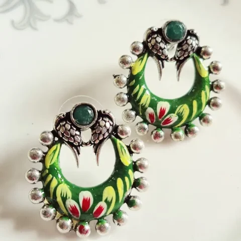 Handpainted Green Enamel Brass Stud Earrings