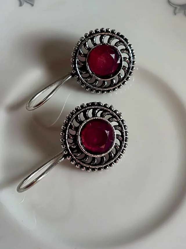 Oxidized Brass Magenta Stone Round Earrings
