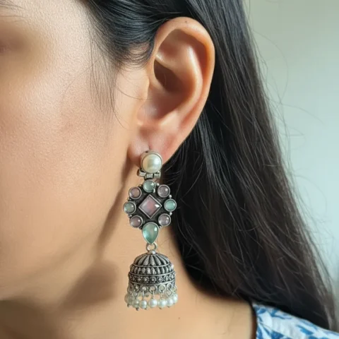 Oxidized Brass Multicolor Stone Jhumka Earrings with Pearl Drops
