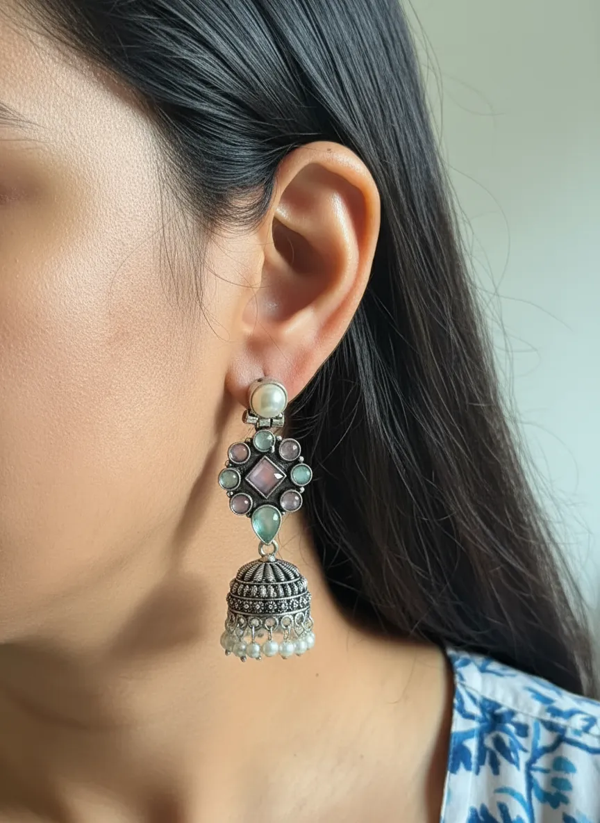 Oxidized Brass Multicolor Stone Jhumka Earrings with Pearl Drops