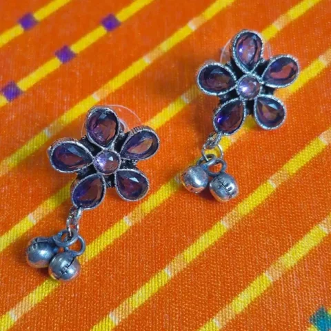 Oxidized Brass Purple Flower Earrings with Ghungroo Drops