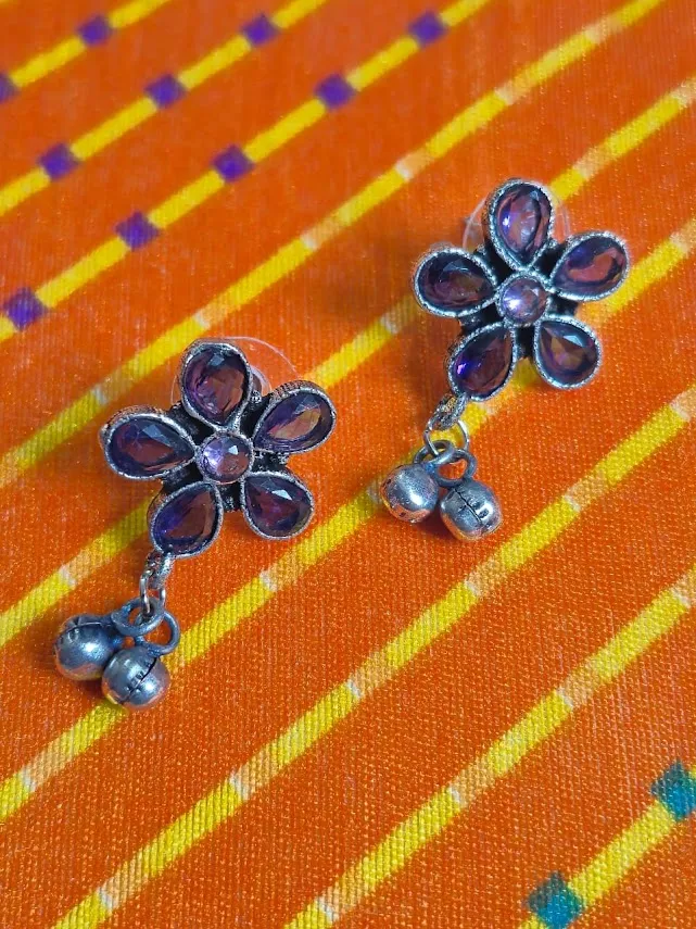 Oxidized Brass Purple Flower Earrings with Ghungroo Drops