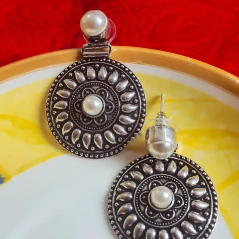 Oxidized Brass Disc Earrings with Pearl Center & Pearl Stud