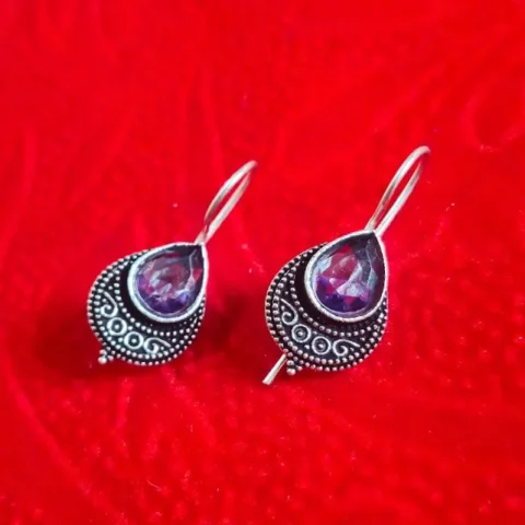 Oxidized Brass Teardrop Earrings with Purple Stone