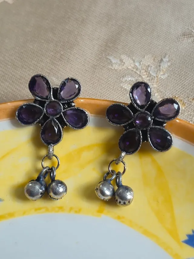 Oxidized Brass Purple Flower Earrings with Ghungroo Drops | Floral Stud Earrings | Handmade Boho Tribal Jewelry for Women - Image 5