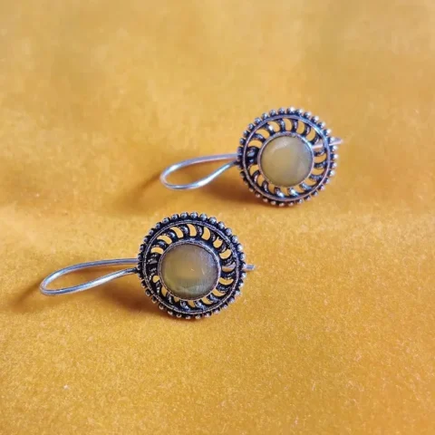 Oxidized Brass Beige Stone Round Earrings