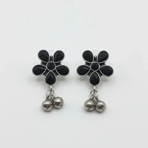 Oxidized Brass Black Flower Earrings waith Ghungroo Drops