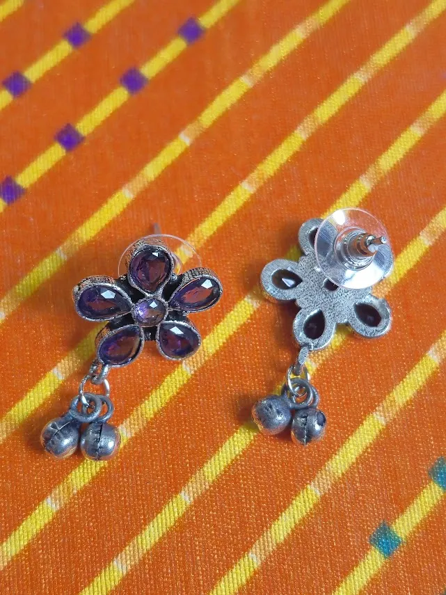 Oxidized Brass Purple Flower Earrings with Ghungroo Drops | Floral Stud Earrings | Handmade Boho Tribal Jewelry for Women - Image 2