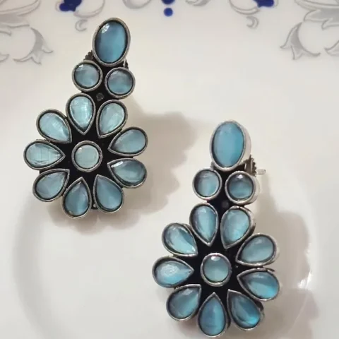 Oxidized Brass Blue Stone Floral Drop Earrings