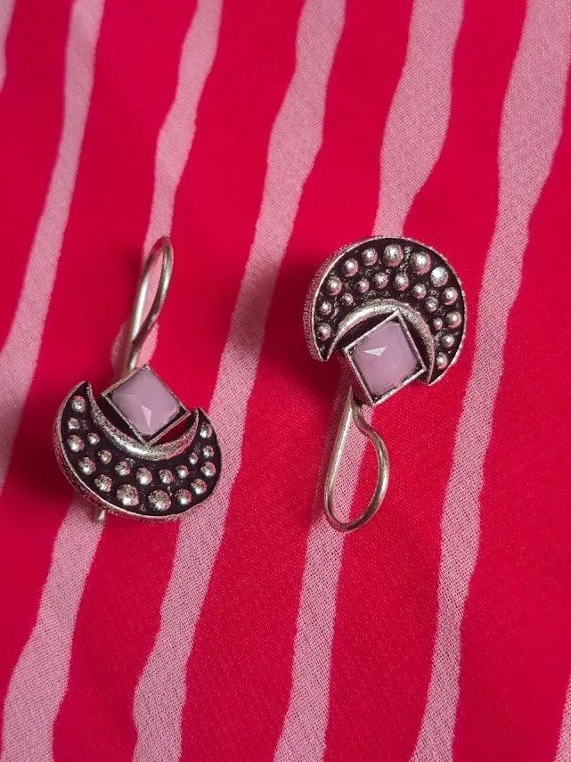 Oxidized Brass Pink Stone Half-Moon Earrings | Handmade Tribal Crescent Earrings for Women | Minimal Boho Ethnic Jewelry Gift - Image 3