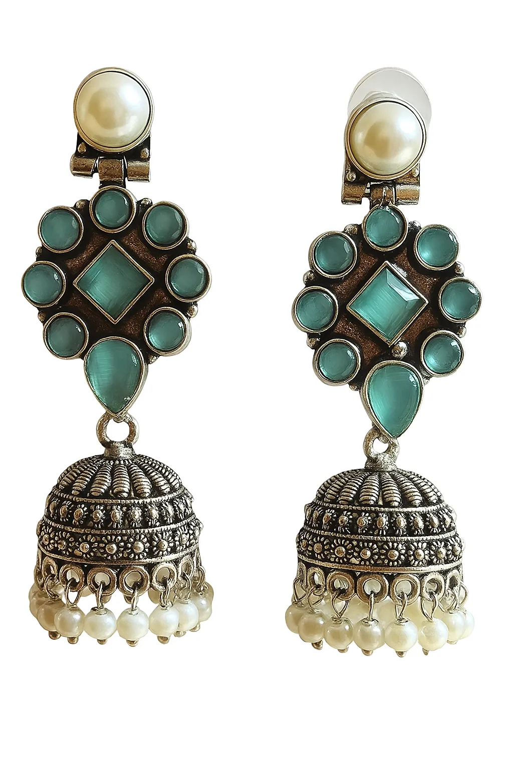 Oxidized Brass Teal Stone Jhumka Earrings with Pearl Drops | Traditional Indian Statement Earrings | Handmade Ethnic Jewelry for Women - Image 4