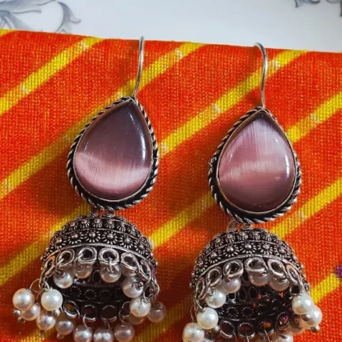 Oxidized Brass Pink Stone Jhumka Earrings with Pearl Drops