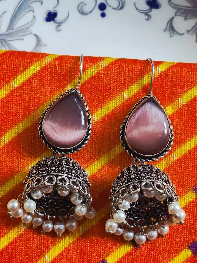 Oxidized Brass Pink Stone Jhumka Earrings with Pearl Drops