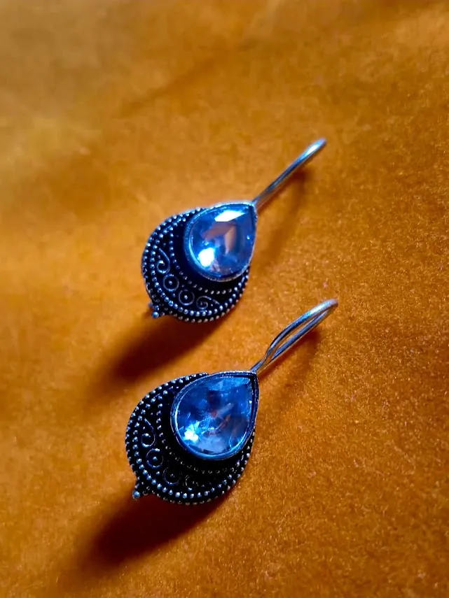 Oxidized Brass Teardrop Earrings with Clear Stone | Handmade Tribal Drop Earrings for Women | Boho Ethnic Jewelry Gift