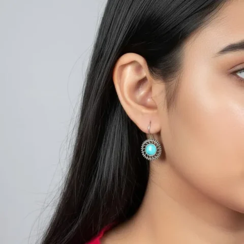 Oxidized Brass Aqua Blue Stone Round Earrings