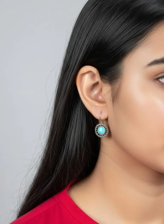 Oxidized Brass Aqua Blue Stone Round Earrings