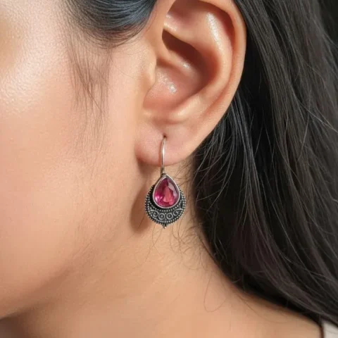 Oxidized Brass Teardrop Earrings with Pink Stone
